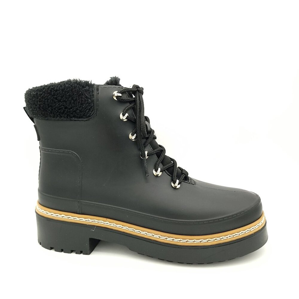 Marc Fisher Combat Rain Boots Womens 9 Chic Shiny City Fur Trim Whimsygoth